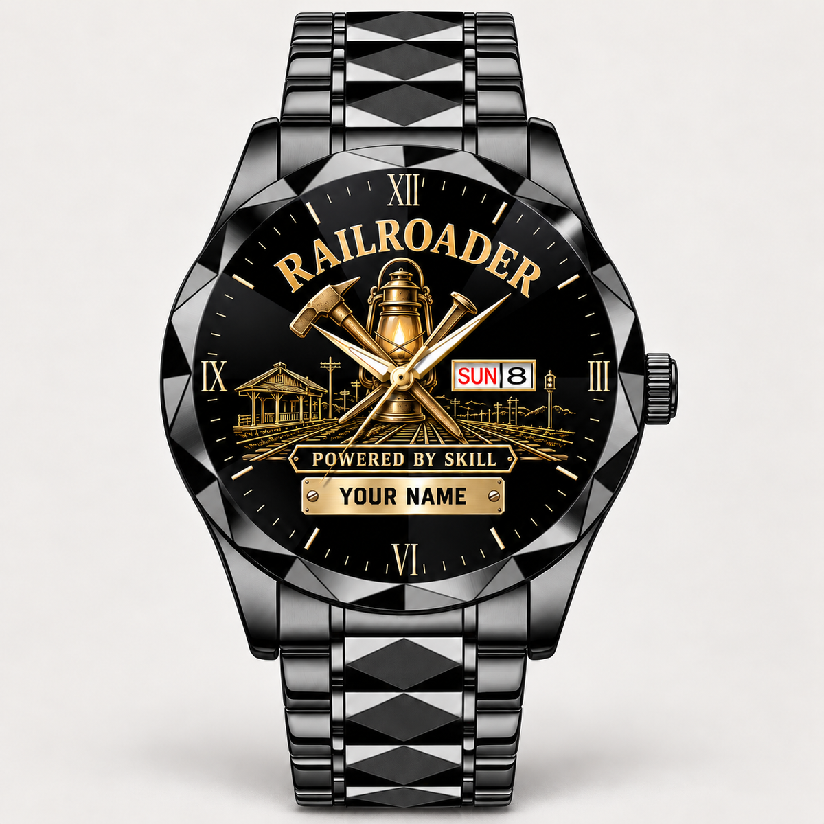 Personalized Railroader Crystal Metal Watch - Faceted Legacy - black standalone product view