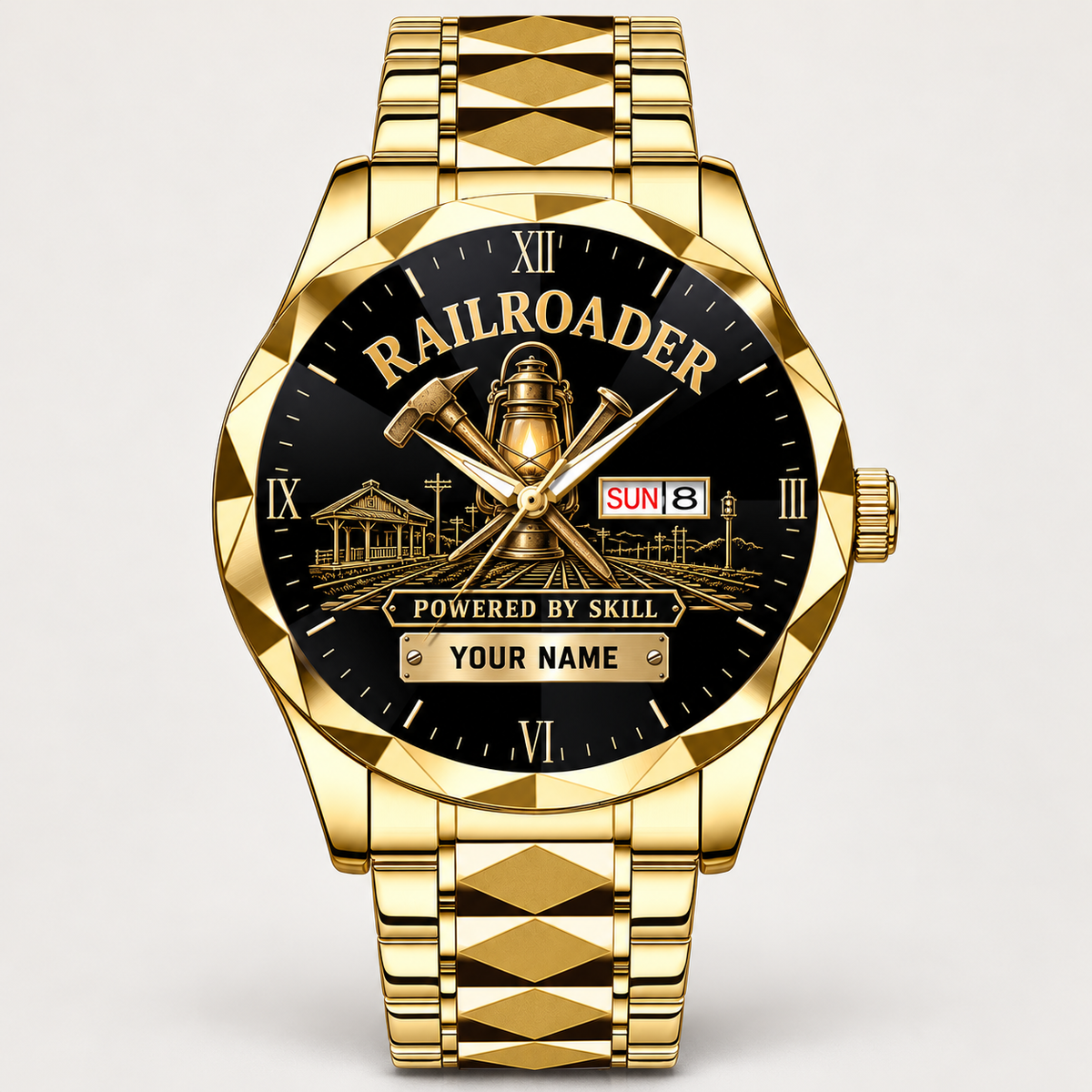 Personalized Railroader Crystal Metal Watch - Faceted Legacy - gold standalone product view