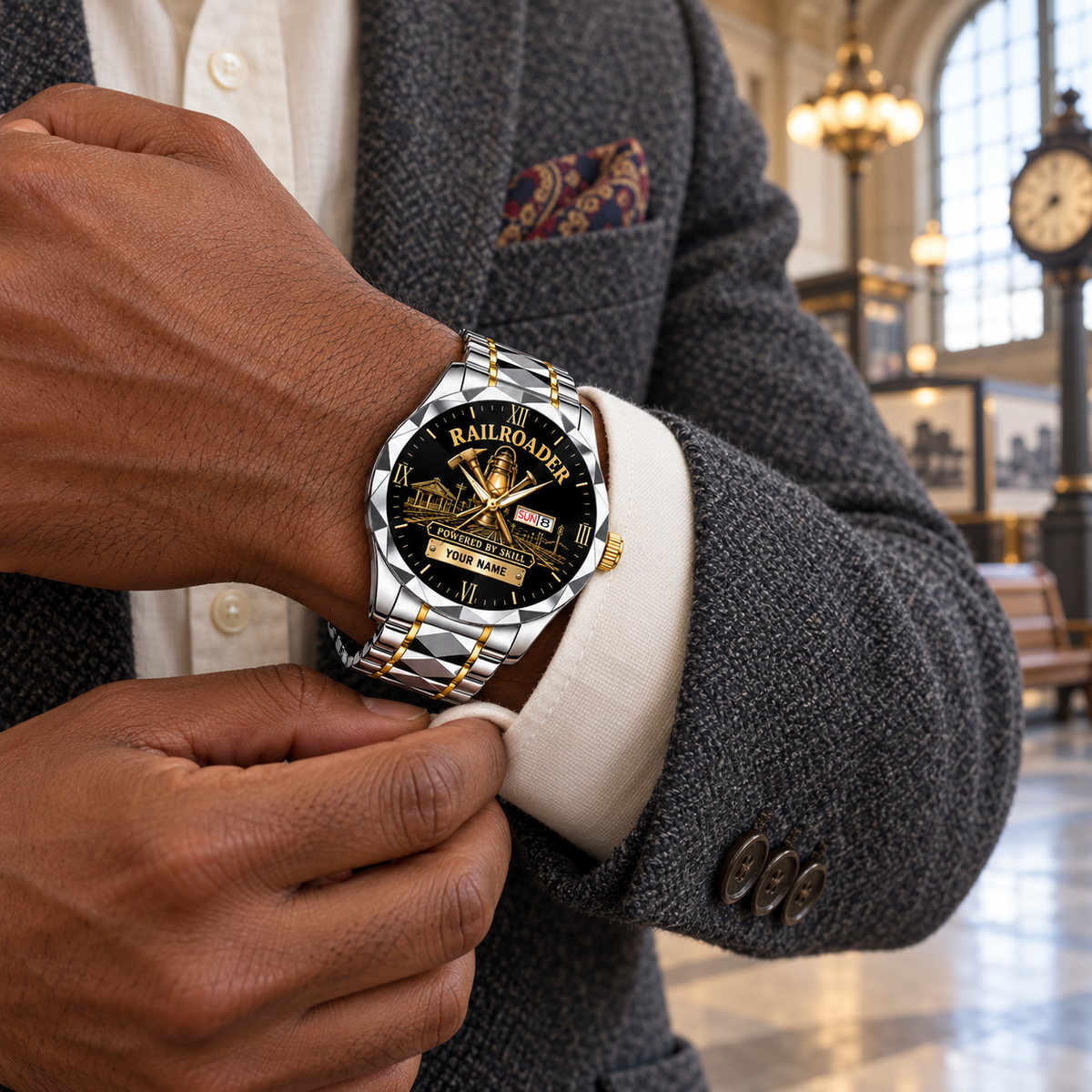 Personalized Railroader Crystal Metal Watch - Faceted Legacy - silver gold chain off-duty lifestyle hero