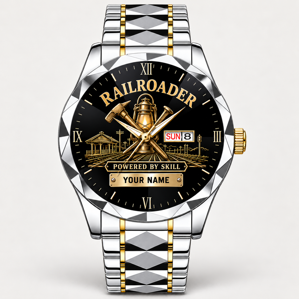 Personalized Railroader Crystal Metal Watch - Faceted Legacy - silver gold chain standalone product view