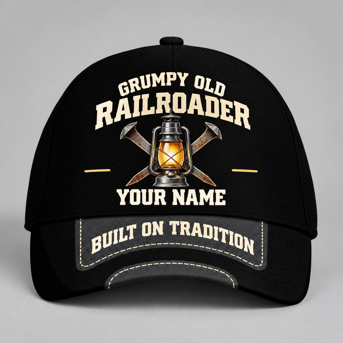 Personalized Railroader Grumpy Old Baseball Cap - black standalone product view