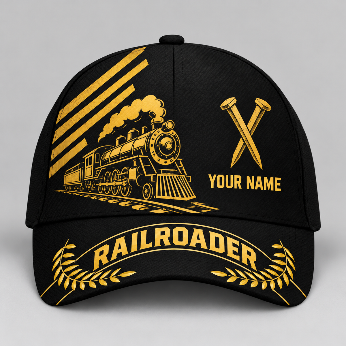 Personalized Railroader Asymmetric Gold Baseball Cap - black-gold standalone product view
