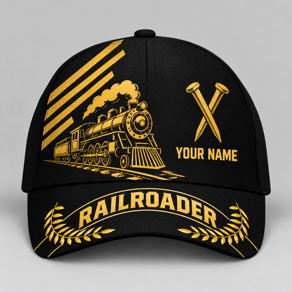 Personalized Railroader Asymmetric Gold Baseball Cap - black-gold standalone product view