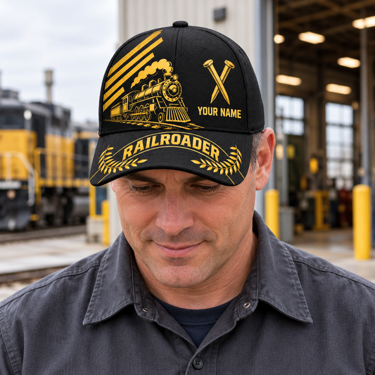 Personalized Railroader Asymmetric Gold Baseball Cap - black-gold lifestyle hero
