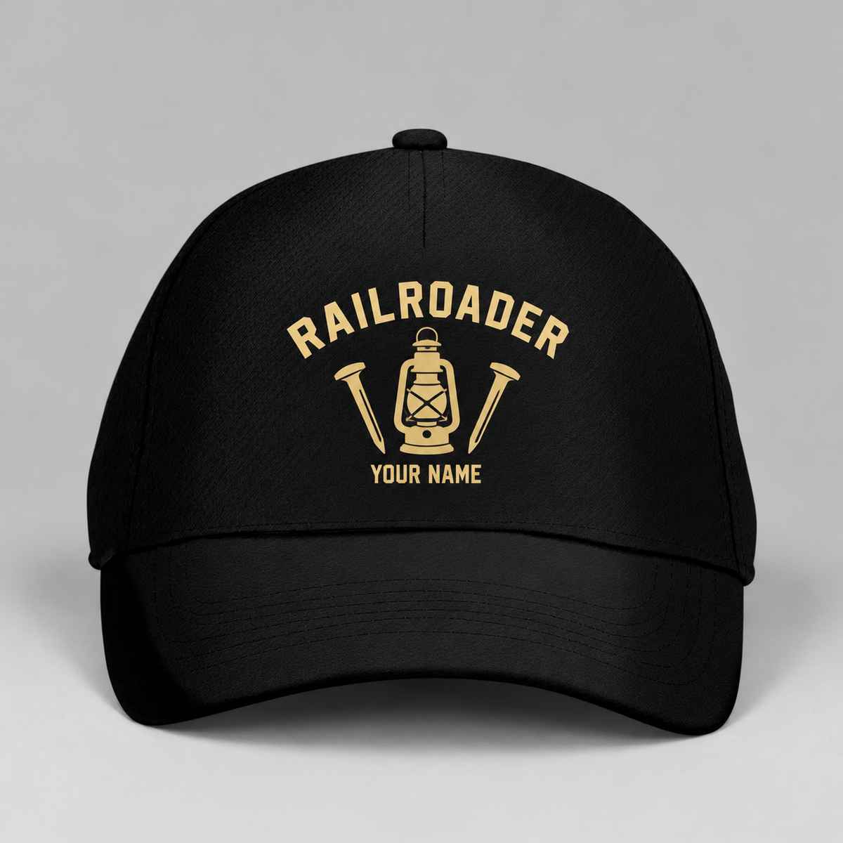 Personalized Railroader Minimal Gold Emblem Baseball Cap - black-gold standalone product view