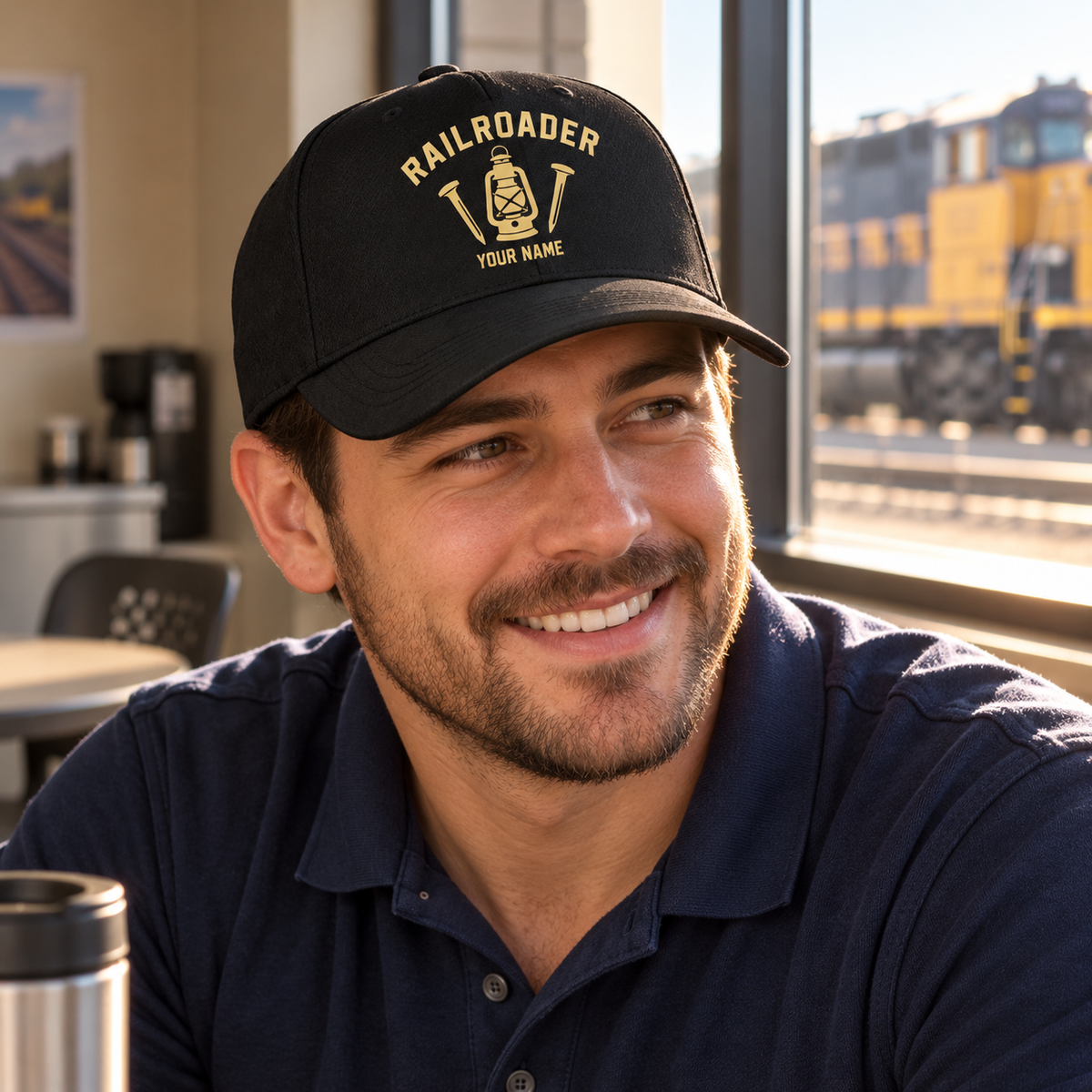 Personalized Railroader Minimal Gold Emblem Baseball Cap - black-gold lifestyle hero