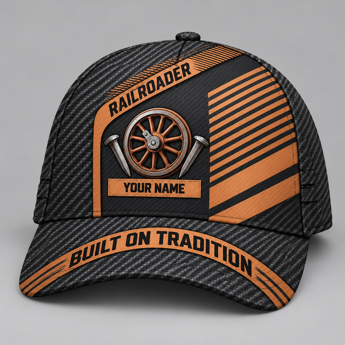 Personalized Railroader Diagonal Workshop Baseball Cap - charcoal-copper standalone product view