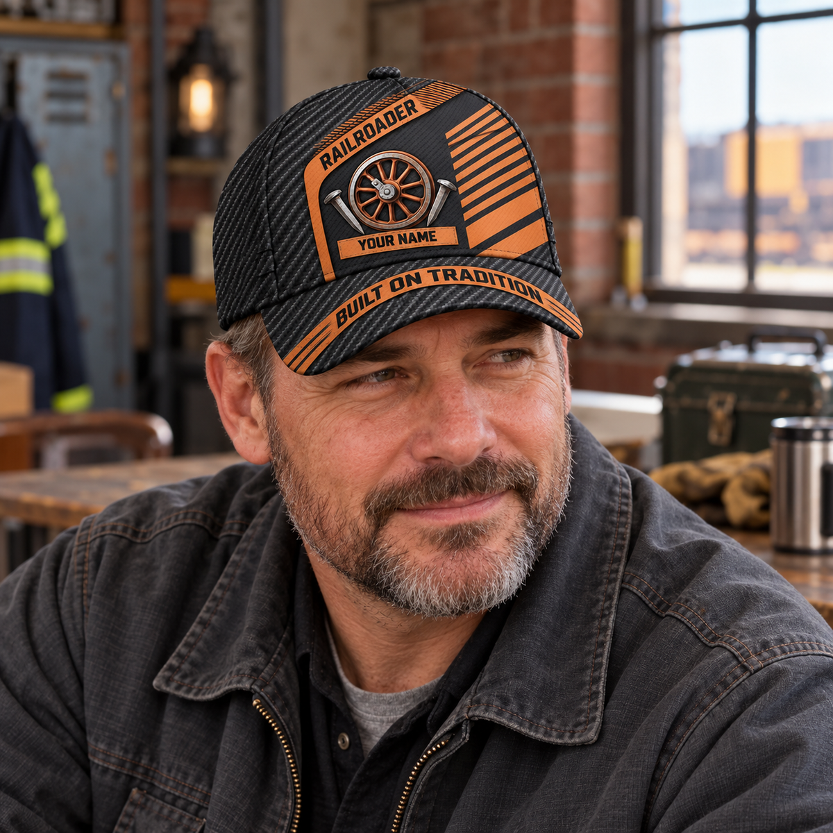 Personalized Railroader Diagonal Workshop Baseball Cap - charcoal-copper lifestyle hero