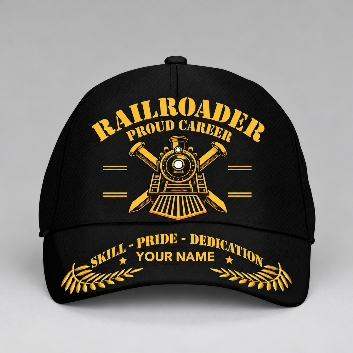 Personalized Railroader Proud Career Baseball Cap - black-gold standalone product view