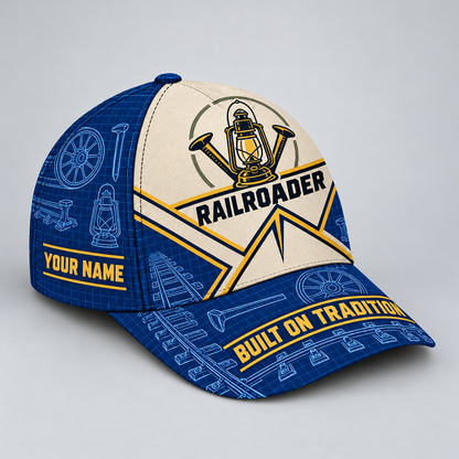 Personalized Railroader Blueprint Geometry Baseball Cap - blue-cream standalone product view
