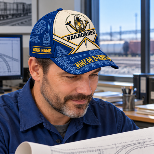 Personalized Railroader Blueprint Geometry Baseball Cap - blue-cream lifestyle hero