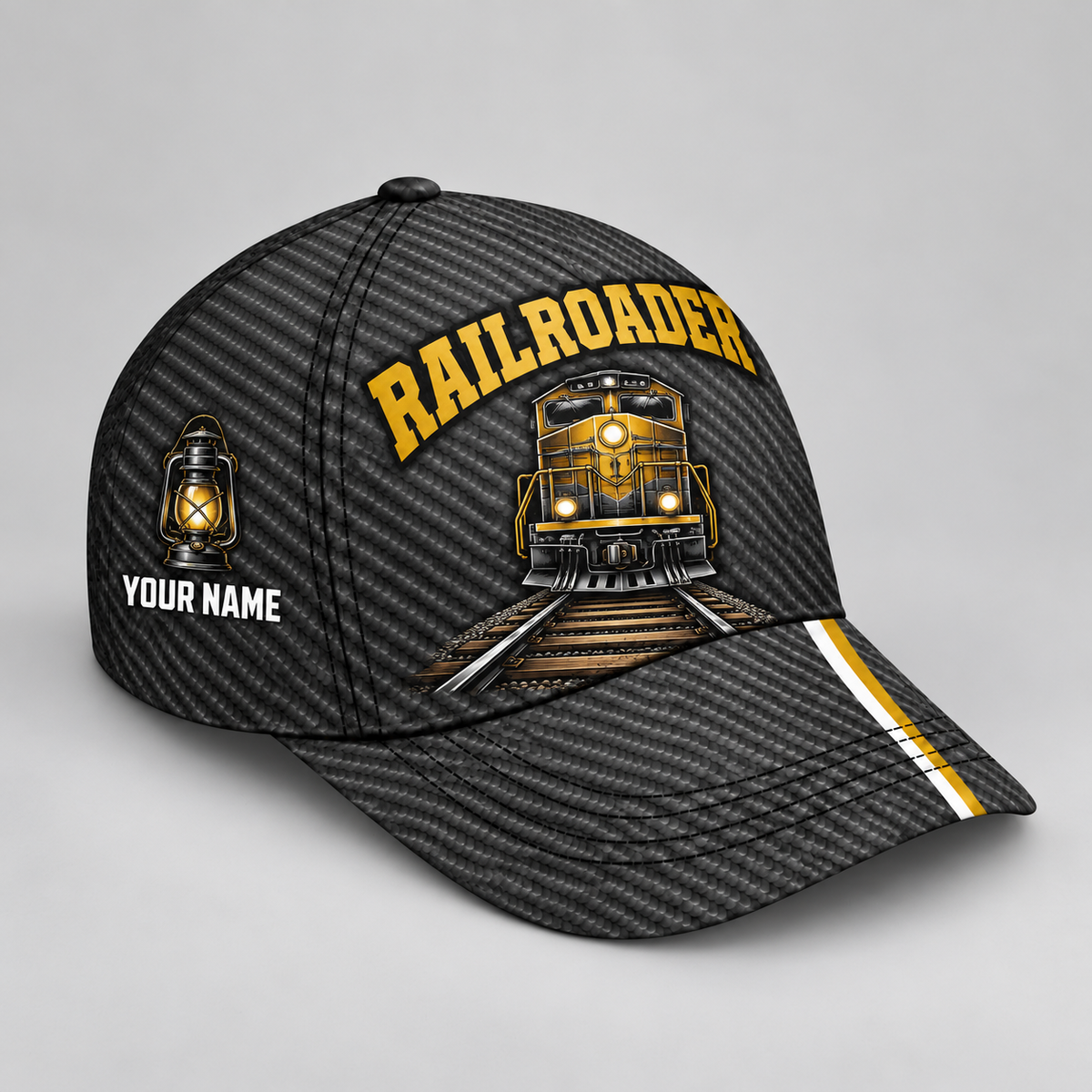 Personalized Railroader Carbon Stripe Baseball Cap - charcoal-gold standalone product view