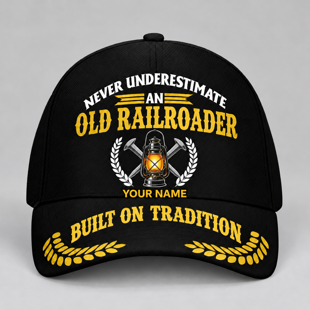 Personalized Railroader Never Underestimate Baseball Cap - black-gold standalone product view