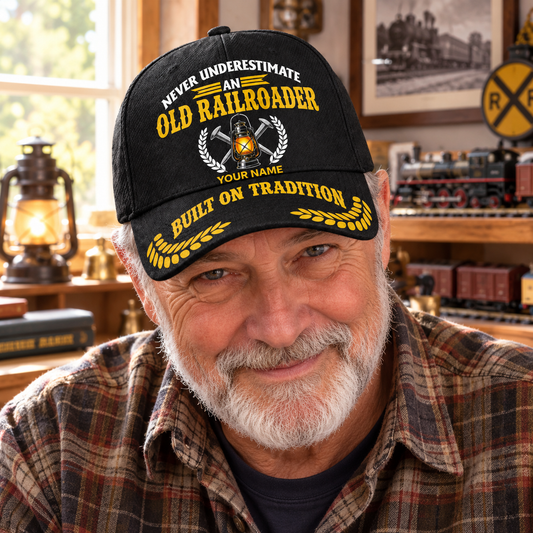 Personalized Railroader Never Underestimate Baseball Cap - black-gold lifestyle hero