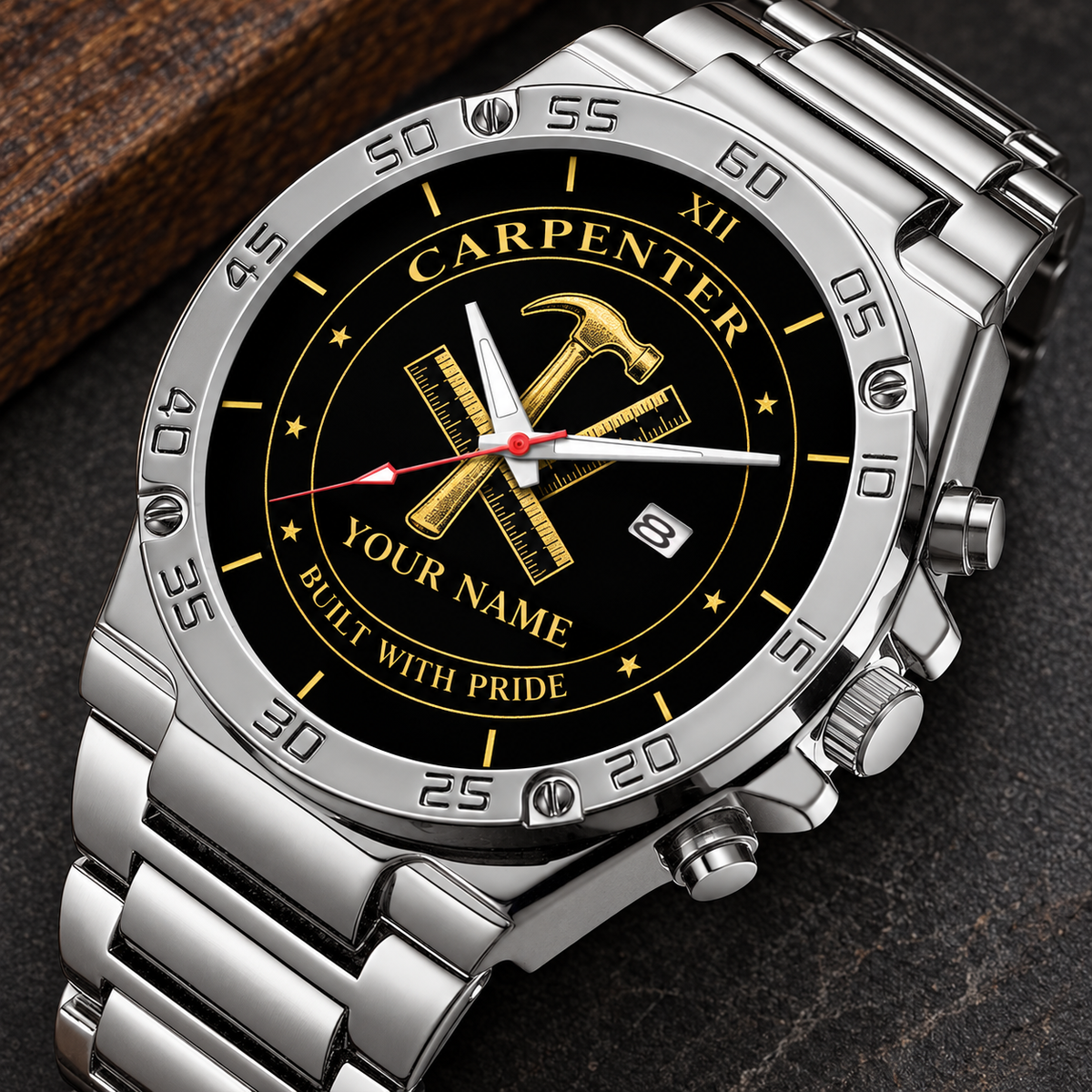 Personalized carpenter stainless steel watch with heritage dial occupational artwork.