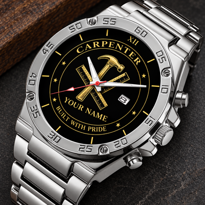 Personalized carpenter stainless steel watch with heritage dial occupational artwork.