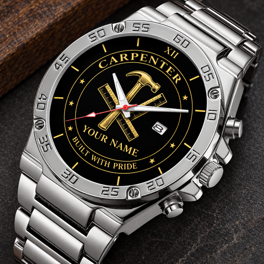 Personalized carpenter stainless steel watch with heritage dial occupational artwork.