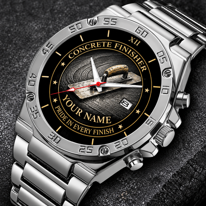Personalized concrete finisher stainless steel watch with heritage dial occupational artwork.