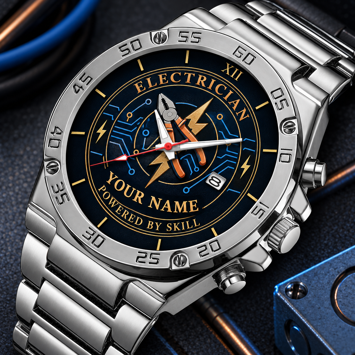 Personalized electrician stainless steel watch with heritage dial occupational artwork.