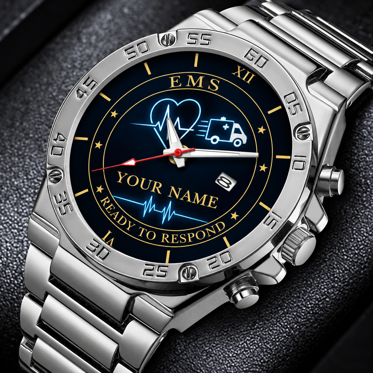 Personalized ems stainless steel watch with heritage dial occupational artwork.