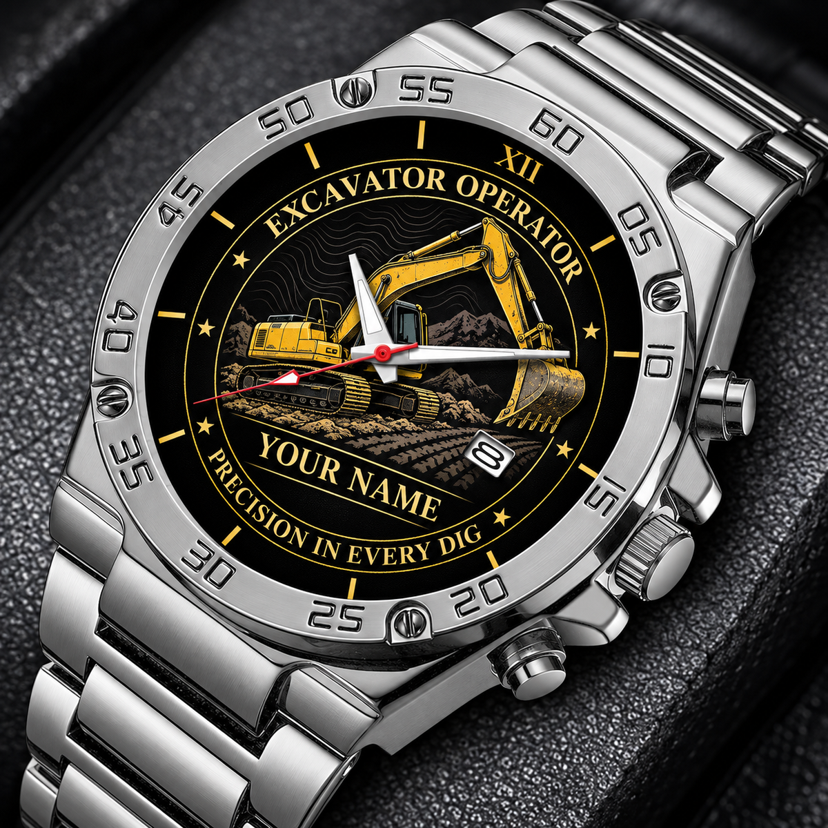 Personalized excavator operator stainless steel watch with heritage dial occupational artwork.