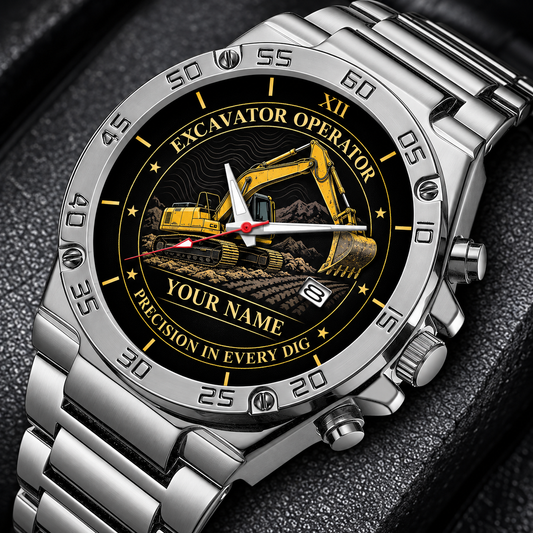 Personalized excavator operator stainless steel watch with heritage dial occupational artwork.