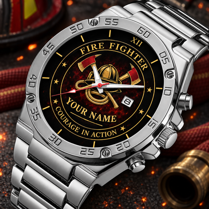 Personalized fire fighter stainless steel watch with heritage dial occupational artwork.