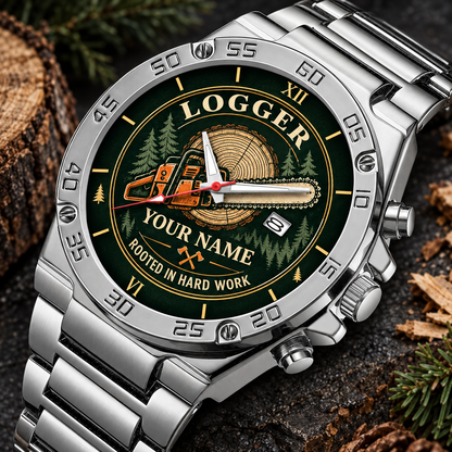 Personalized logger stainless steel watch with heritage dial occupational artwork.