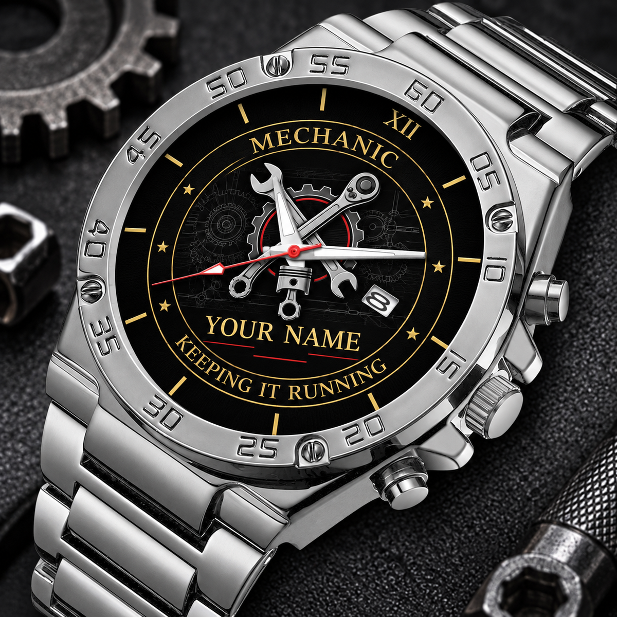 Personalized mechanic stainless steel watch with heritage dial occupational artwork.