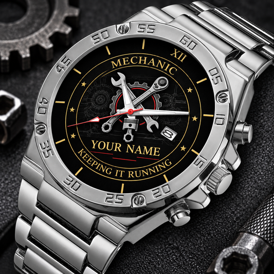 Personalized mechanic stainless steel watch with heritage dial occupational artwork.
