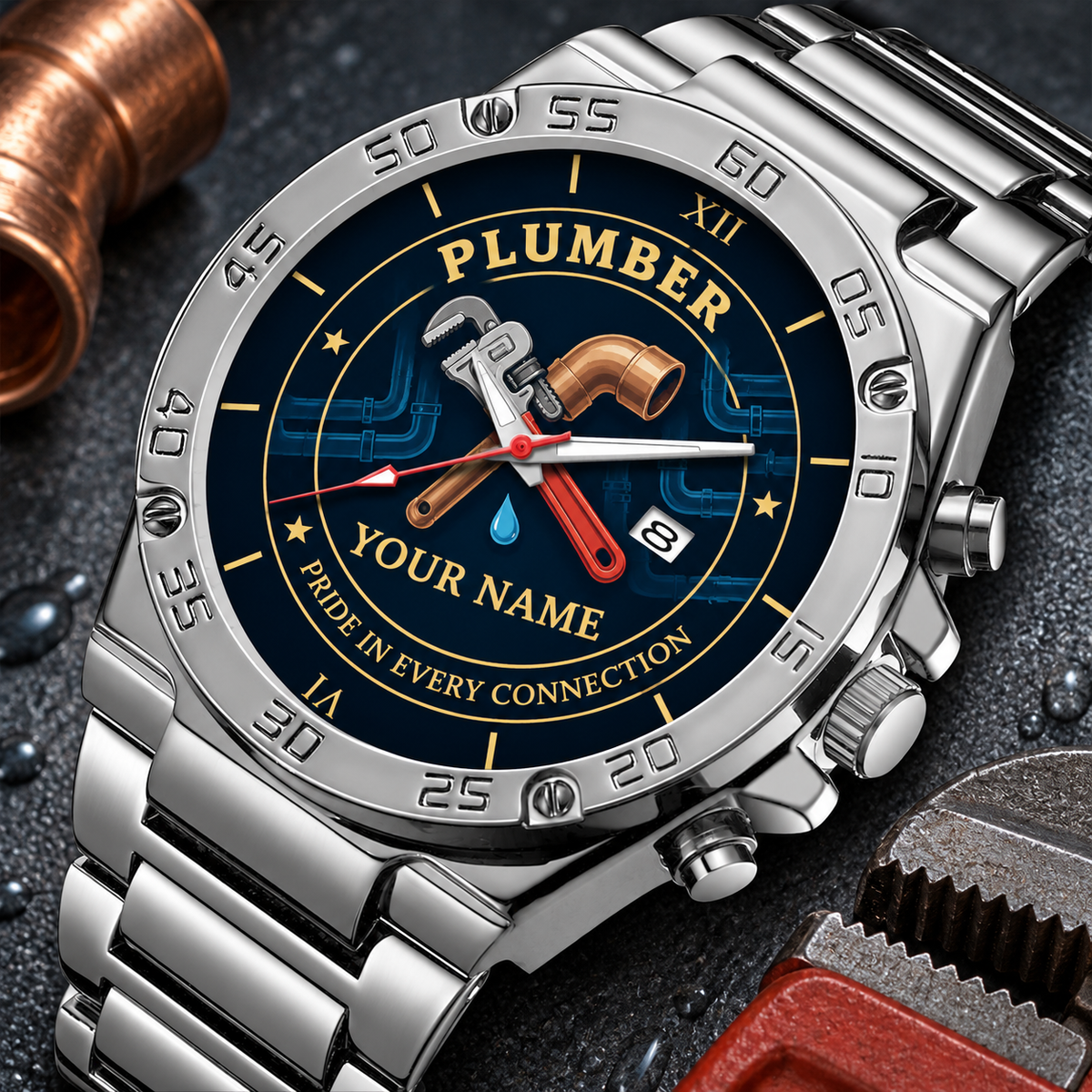 Personalized plumber stainless steel watch with heritage dial occupational artwork.