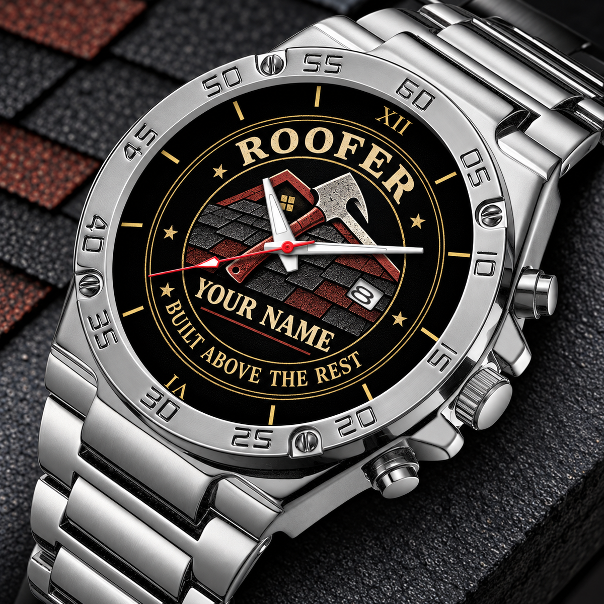 Personalized roofer stainless steel watch with heritage dial occupational artwork.