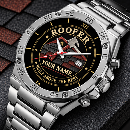 Personalized roofer stainless steel watch with heritage dial occupational artwork.