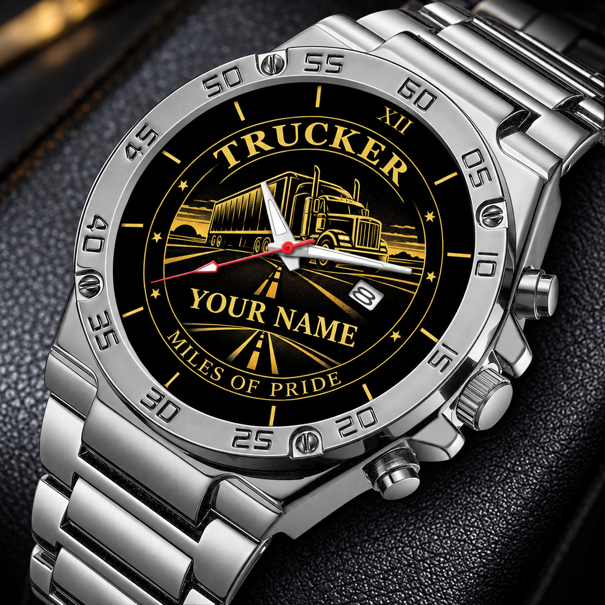 Personalized trucker stainless steel watch with heritage dial occupational artwork.