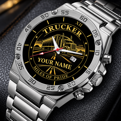 Personalized trucker stainless steel watch with heritage dial occupational artwork.