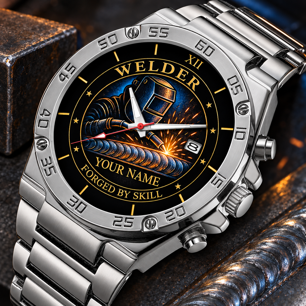 Personalized welder stainless steel watch with heritage dial occupational artwork.