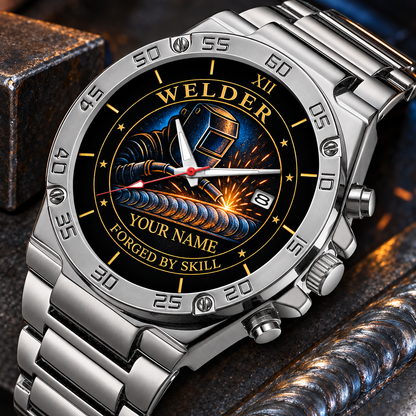 Personalized welder stainless steel watch with heritage dial occupational artwork.