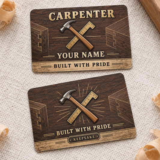 Personalized carpenter aluminum wallet card with craft camo occupational artwork.