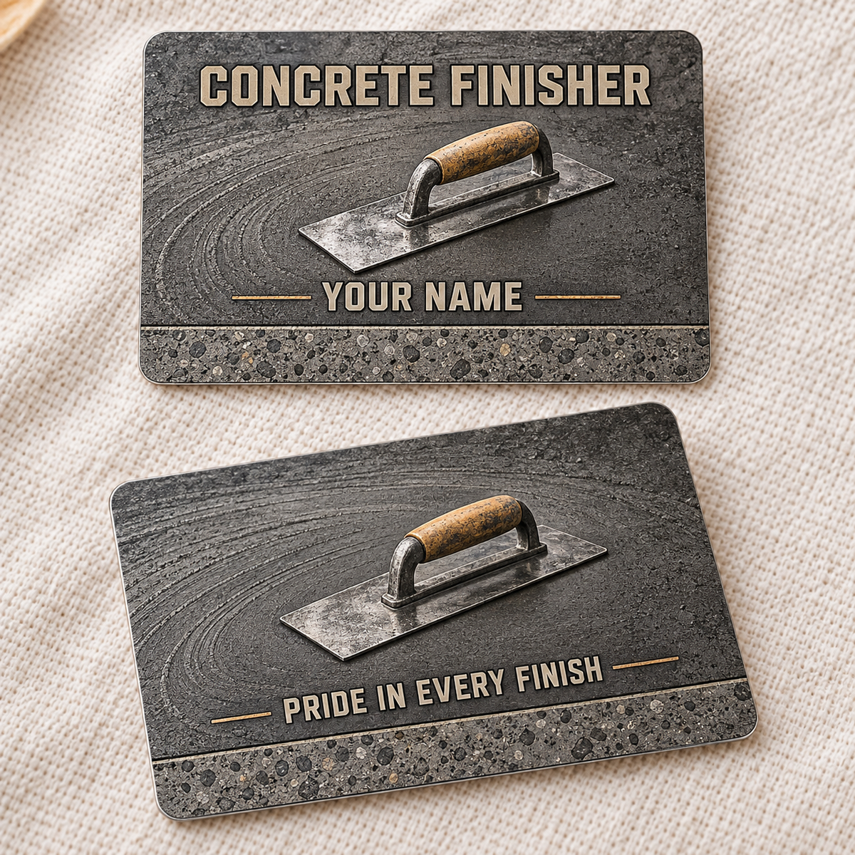 Personalized concrete finisher aluminum wallet card with craft camo occupational artwork.