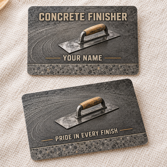 Personalized concrete finisher aluminum wallet card with craft camo occupational artwork.