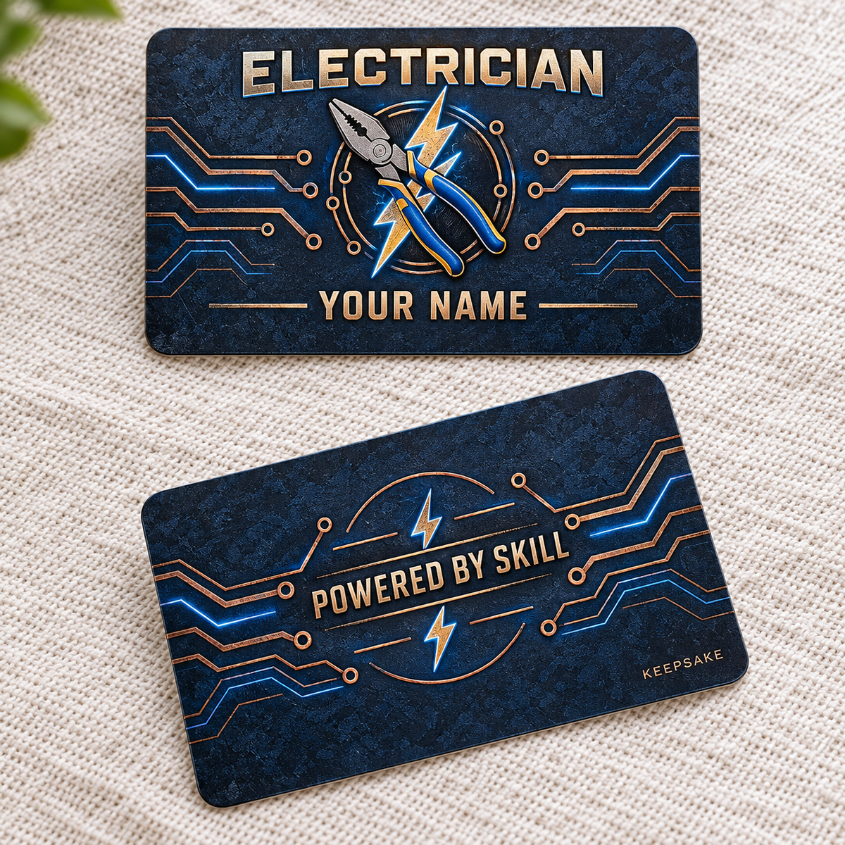 Personalized electrician aluminum wallet card with craft camo occupational artwork.