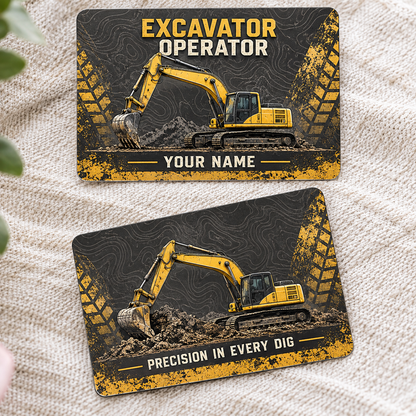 Personalized excavator operator aluminum wallet card with craft camo occupational artwork.