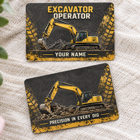 Personalized excavator operator aluminum wallet card with craft camo occupational artwork.