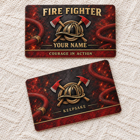 Personalized fire fighter aluminum wallet card with craft camo occupational artwork.