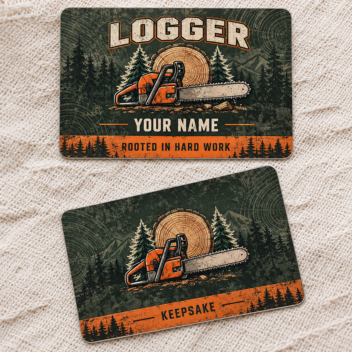 Personalized logger aluminum wallet card with craft camo occupational artwork.