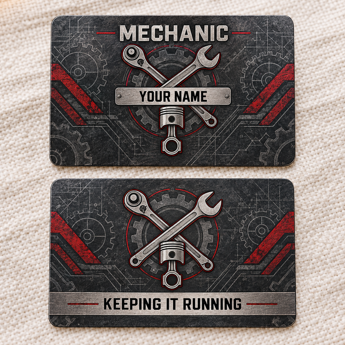 Personalized mechanic aluminum wallet card with craft camo occupational artwork.