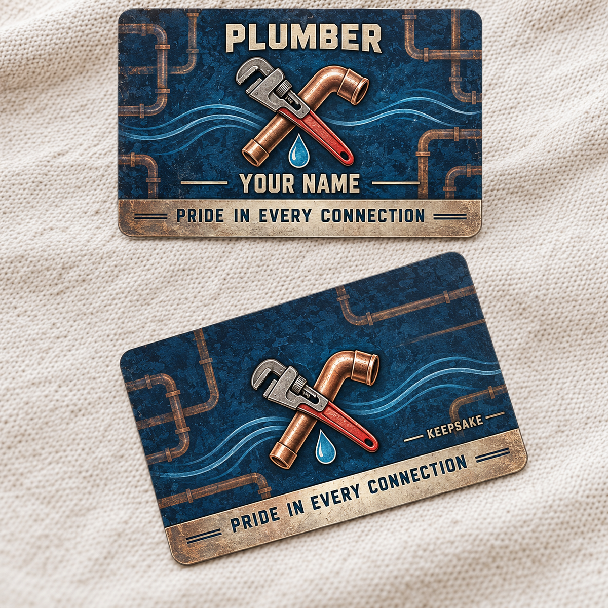 Personalized plumber aluminum wallet card with craft camo occupational artwork.