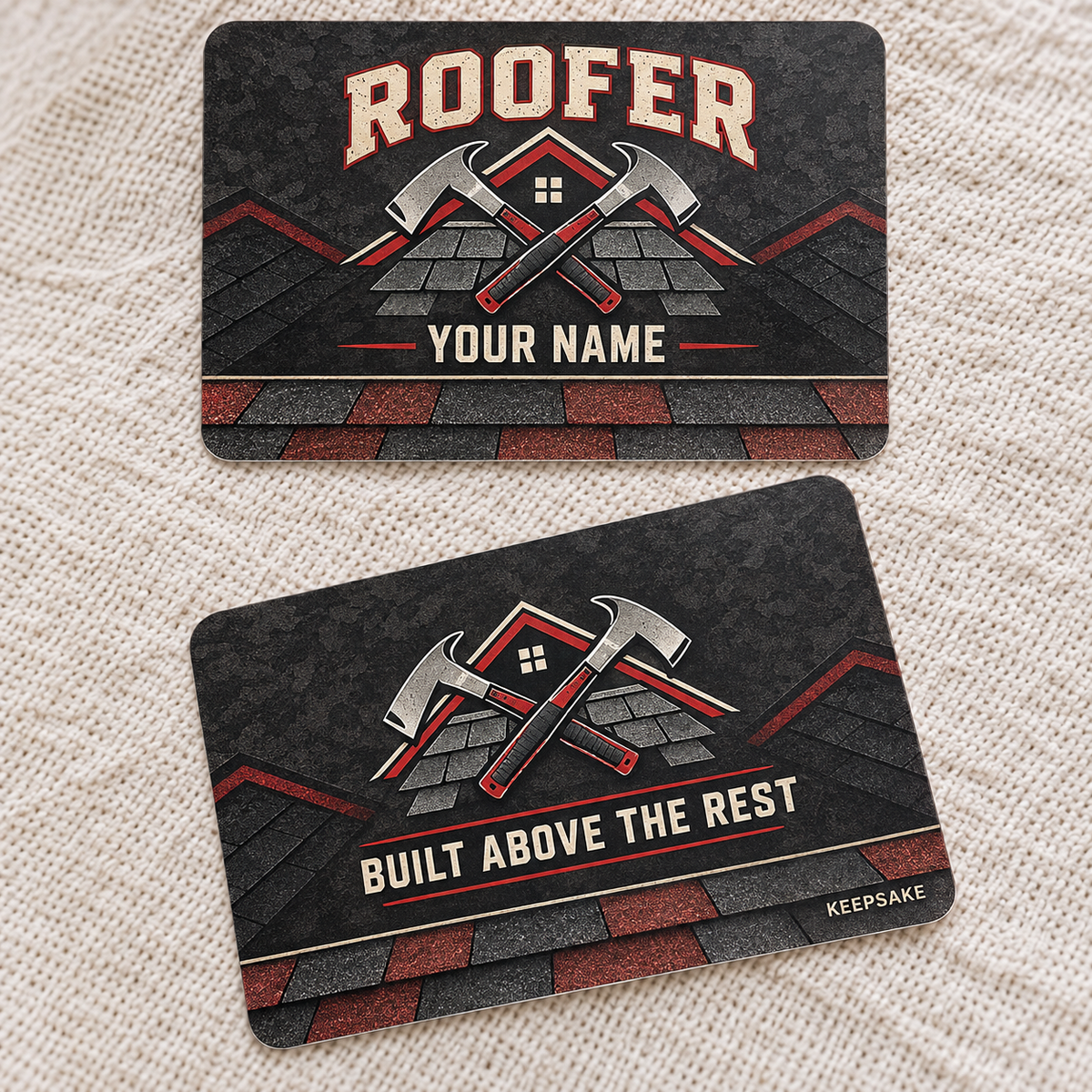 Personalized roofer aluminum wallet card with craft camo occupational artwork.