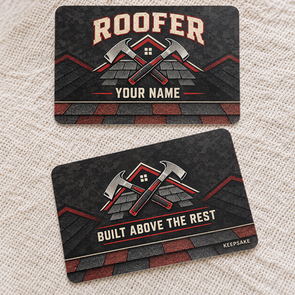 Personalized roofer aluminum wallet card with craft camo occupational artwork.
