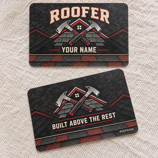 Personalized roofer aluminum wallet card with craft camo occupational artwork.